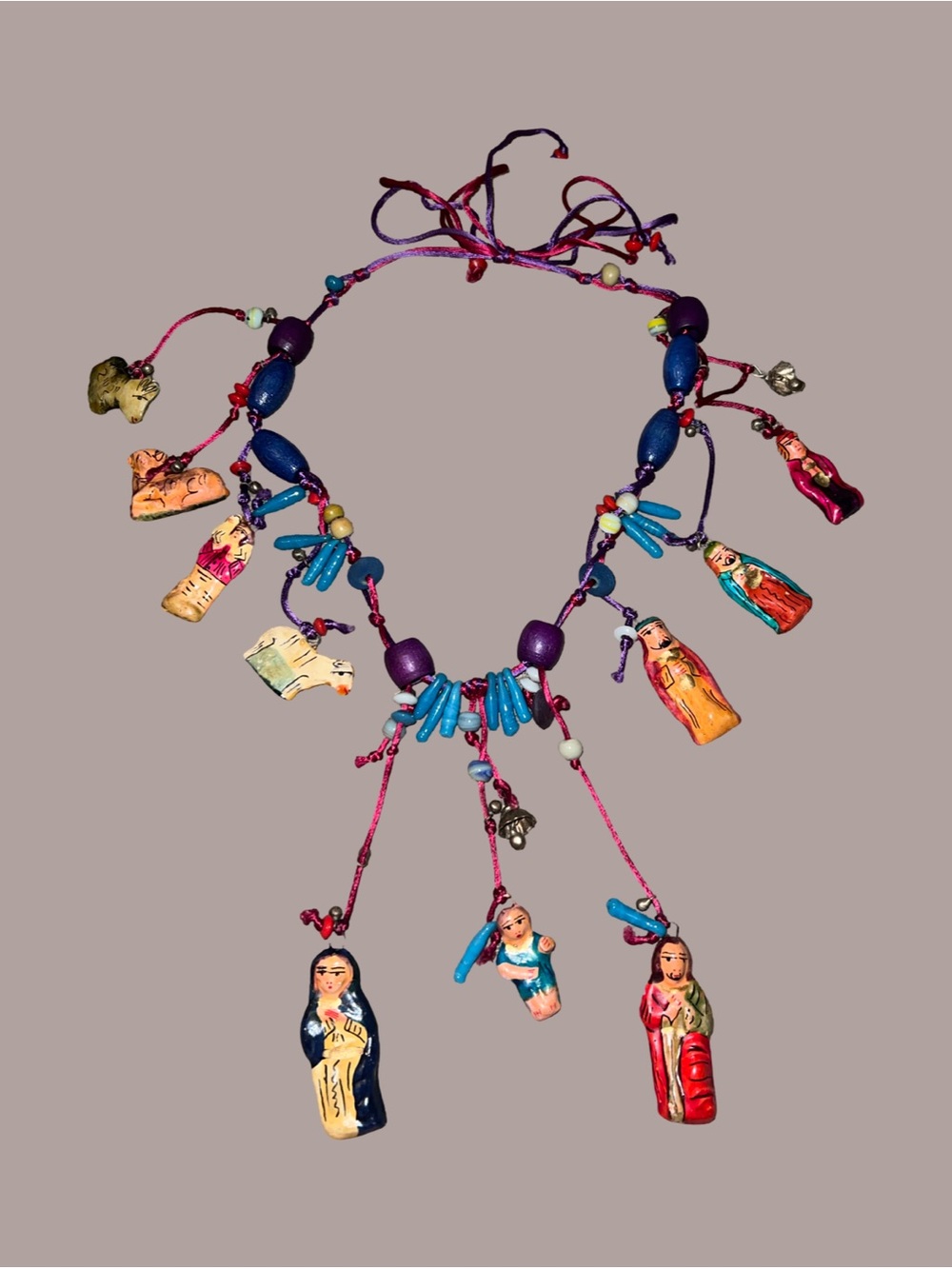 OOAK Vtg Wooden  Folk Art Nativity Scene Necklace Christmas Jewelry